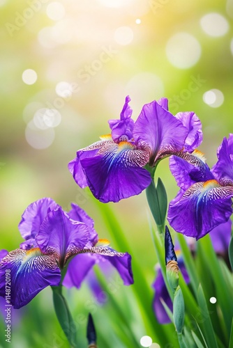 Vibrant Purple Irises Blooming in Sunny Garden