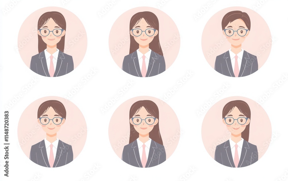 Set of professional business people avatar icons with flat design and simple shapes. The avatars use pastel colors and have round backgrounds against a white backdrop. Set of professional business people avatar icons with flat design and simple shapes. The avatars use pastel colors and have round backgrounds against a white backdrop.