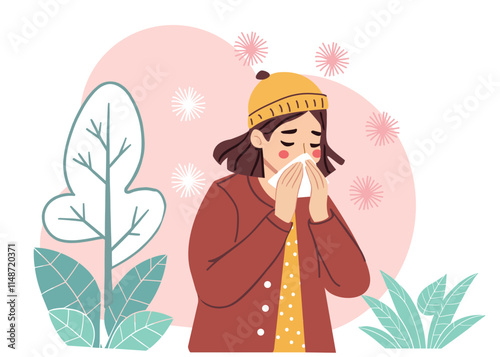 a woman blowing her nose while sneezing