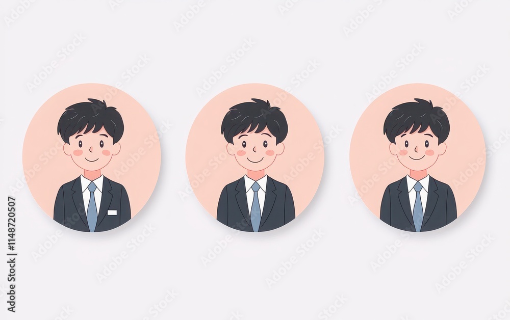 Set of simple vector icons featuring a high school boy in a suit and tie with a joyful expression. The front and side views are placed on pastel-colored round backgrounds with white borders. Set of simple vector icons featuring a high school boy in a suit and tie with a joyful expression. The front and side views are placed on pastel-colored round backgrounds with white borders.