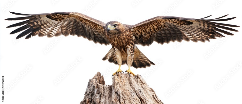 Obraz premium Majestic Red-shouldered Hawk in Flight, Perched on a Weathered Stump Against a Pristine White Background