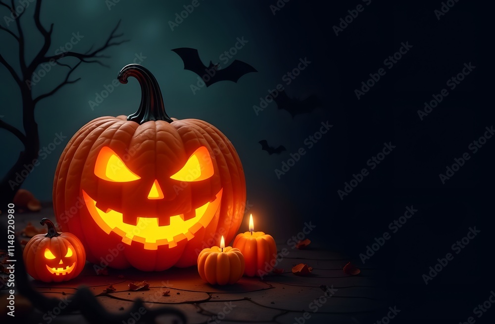 Halloween pumpkin against an empty table with candles and blurry lights Halloween pumpkin against an empty table with candles and blurry lights