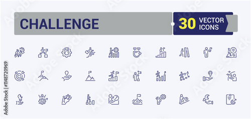 Challenge icon set. It contains symbols to win, motivation, business, person, hand, challenge, success, skill. Minimal linear icons. Editable stroke. Vector illustration.