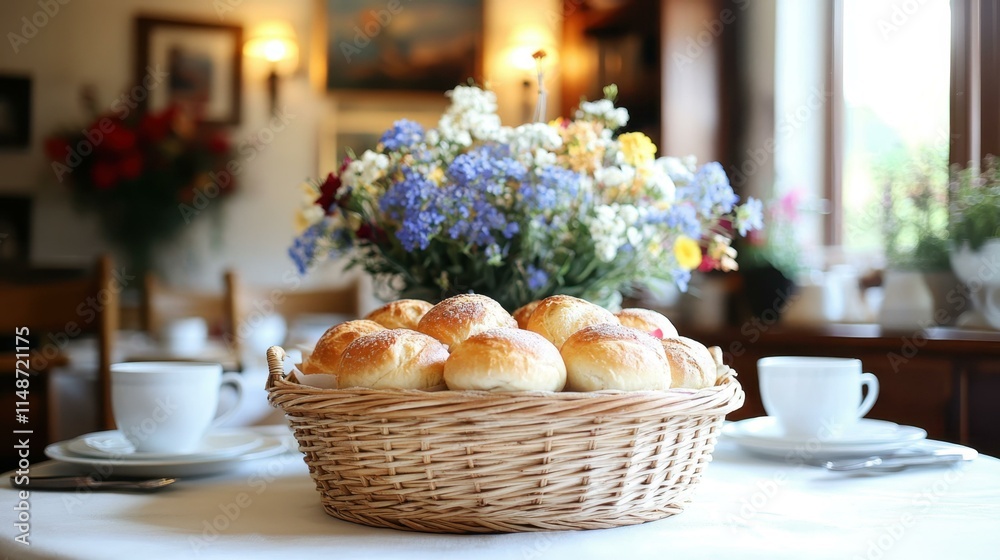 Elegant tea party settings Charming wicker basket for bread