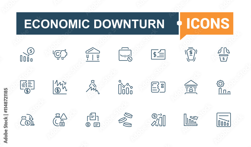 Economic Downturn icons set. Contains such icons as investment, finance, economic, man, fail, banking, bankruptcy, recession. Pixel perfect. Editable stroke. Economic Downturn icons set. Contains such icons as investment, finance, economic, man, fail, banking, bankruptcy, recession. Pixel perfect. Editable stroke.