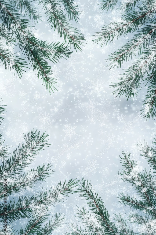 A serene winter background that beautifully showcases pine tree branches, which are elegantly surrounded by falling snowflakes, evoking a truly magical holiday atmosphere filled with joy A serene winter background that beautifully showcases pine tree branches, which are elegantly surrounded by falling snowflakes, evoking a truly magical holiday atmosphere filled with joy