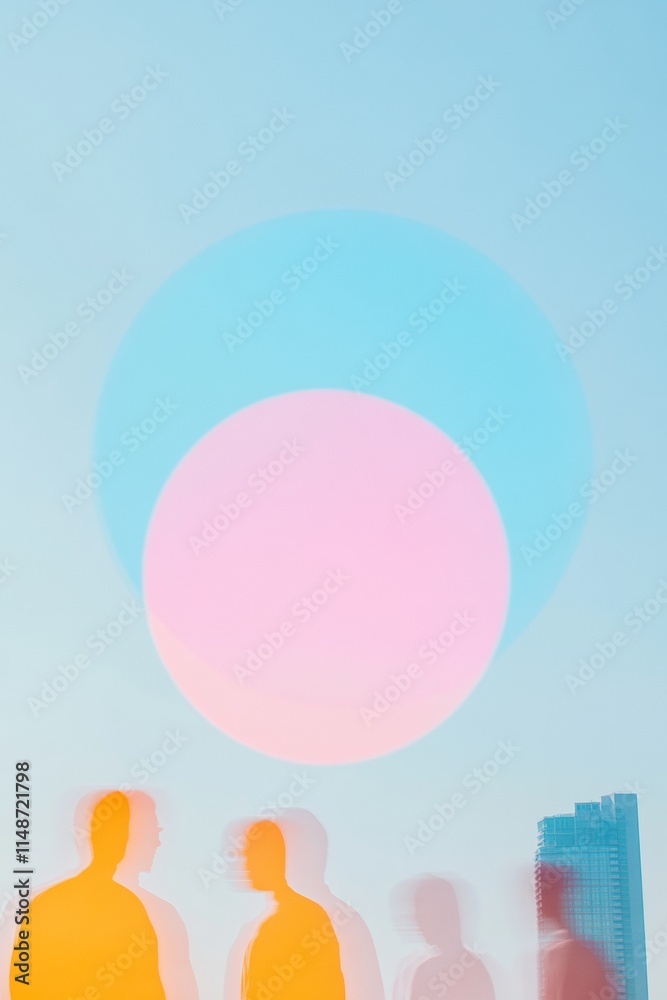 Abstract Urban Planning Discussion Under Pastel Skies with Surreal City Silhouettes