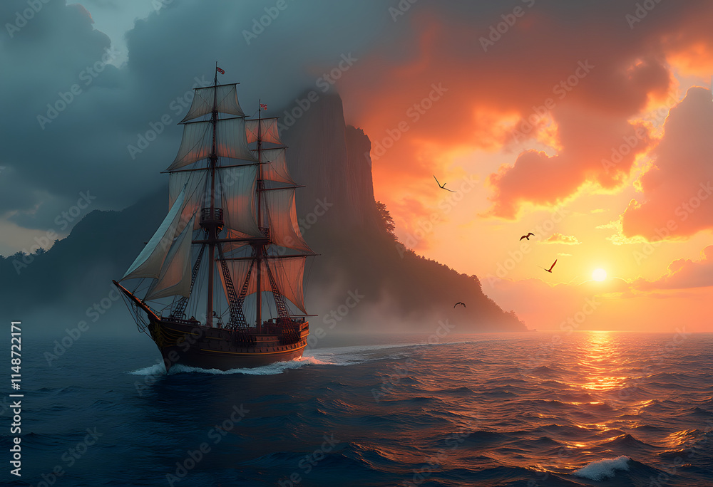 Fototapeta premium Majestic Sailing Ship at Sunset - Stunning Maritime Photography