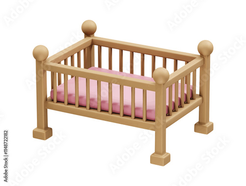 Wooden bed for baby illustration icon 3d. Baby crib icon 3d render
