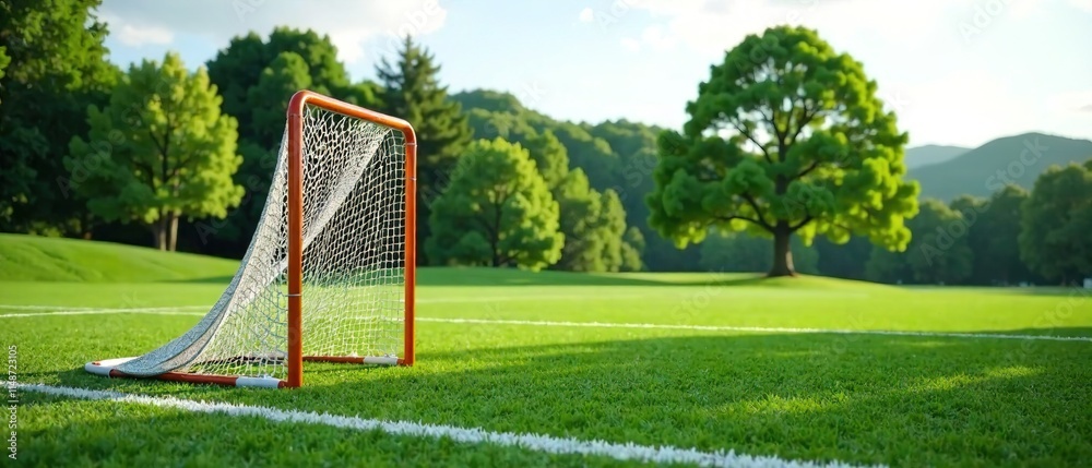 Fototapeta premium Lacrosse Goal on Empty Green Turf Field - Realistic AI Photo