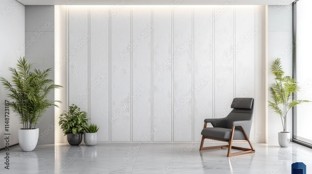 Fototapeta premium Modern minimalist interior design with armchair and plants.