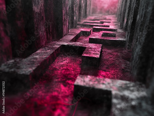 Abstract maze with vibrant red and gray tones. photo