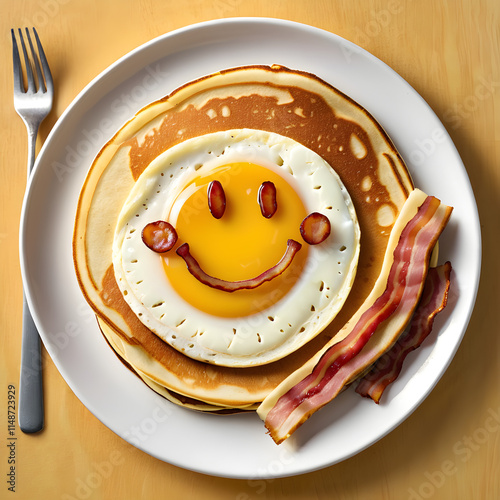 The image showcases a cheerful breakfast plate arranged to resemble a smiley face. Two sunny-side-up eggs serve as the eyes, crispy bacon strips form a happy mouth, and a stack of pancakes sits beneat photo