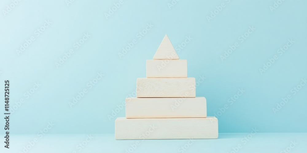 Pyramid of Wooden Blocks on Pastel Blue Background for Mindful Reflection