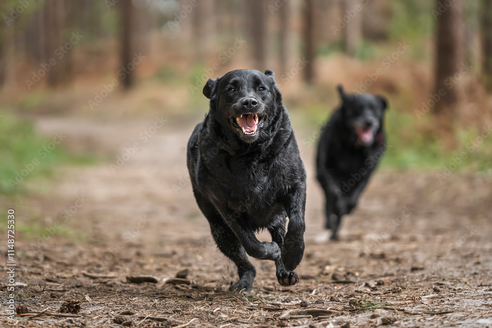 Two Black Labrador Retrievers at Virginia Water on a run Two Black Labrador Retrievers at Virginia Water on a run
