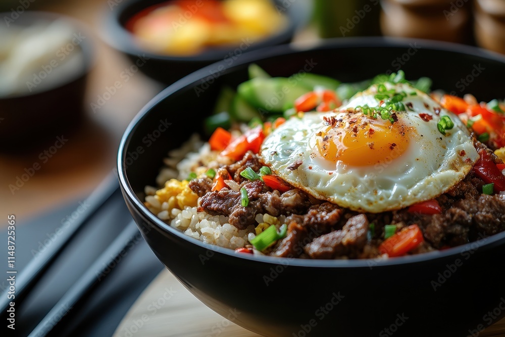 Beef fried rice with eggs and veggies served in a black bowl Beef fried rice with eggs and veggies served in a black bowl
