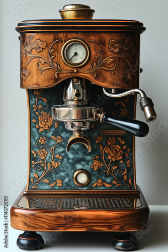  Machine à Café Manuelle Vintage en Laiton et Bois avec Manivelle à l'Ancienne, Détails Complexes, Aspect Usé et Élégant, Photographiée sur Fond Blanc photo