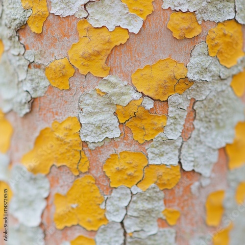 Intricate Textures Close-Up of Colorful Tree Bark with Lichen Patterns in Soft Natural Light photo