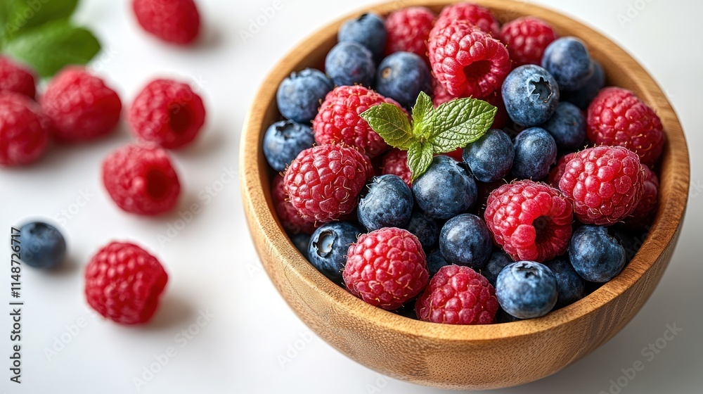 Fresh raspberries and blueberries in wooden bowl. Fresh raspberries and blueberries in wooden bowl.