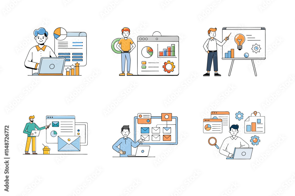 Set of digital marketing agency services vector illustrations. Set of digital marketing agency services vector illustrations.