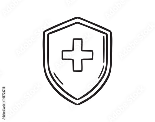 medical shield doodle hand drawn icon. Outline drawing medical shield health line clipart symbol