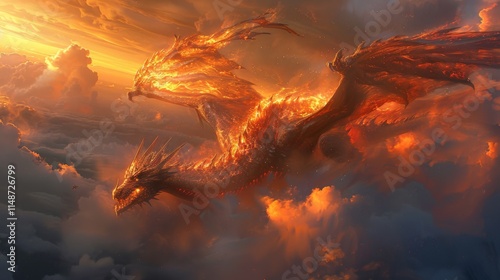 Winter season. The Legendary Winter Creatures . A fearsome dragon soaring through the skies, its fiery breath illuminating the clouds and casting long shadows on the land below.