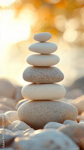 Zen stack of stones on a tranquil surface with blurred natural background symbolizing balance harmony nature healing and wellness evoking calmness mindfulness and the connection between stillness and 