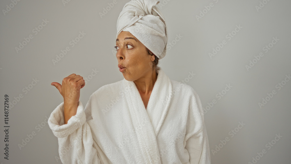 Woman pointing surprised towel pointing white background middle age bathrobe isolated mature female adult Woman pointing surprised towel pointing white background middle age bathrobe isolated mature female adult