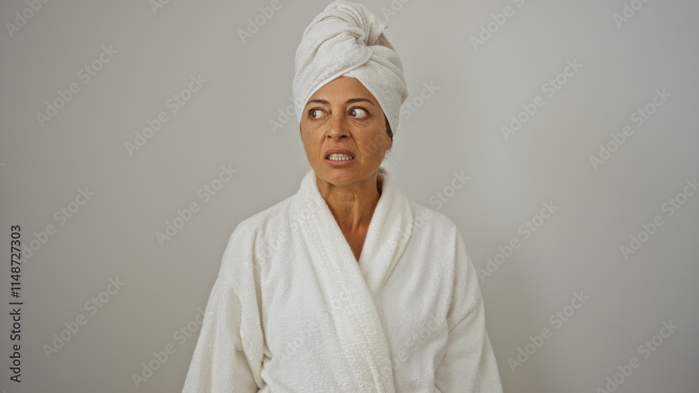 Woman wearing bathrobe and towel with a surprised expression isolated on a white background, mature brunette displaying unusual reaction, hispanic female in spa attire Woman wearing bathrobe and towel with a surprised expression isolated on a white background, mature brunette displaying unusual reaction, hispanic female in spa attire