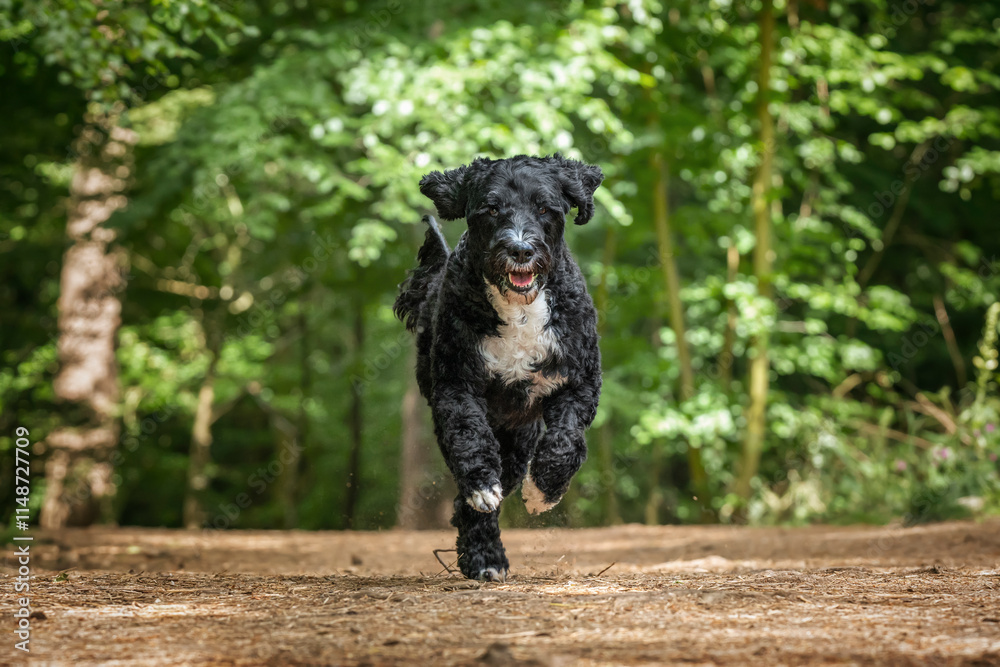 Portuguese Water Dog at Virginia Water Lake on a fast run