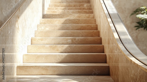 Modern mocha mousse stone escalator railing in bright corporate lobby photo