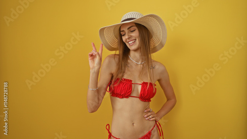 Schilderij op canvas Attractive young woman in a red bikini and sun hat posing with a peace sign against an isolated yellow background