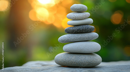 Zen stack of stones on a tranquil surface with blurred natural background symbolizing balance harmony nature healing and wellness evoking calmness mindfulness and the connection between stillness and 