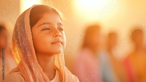 Young Indian Girl in Traditional Attire with a Serene Expression Against Warm, Glowing Background in Modern Educational Setting photo