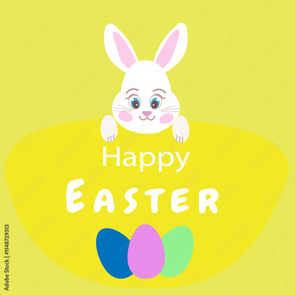 Fototapeta premium happy easter banny, yellow poster, card rabbit, egg text, happy easter card