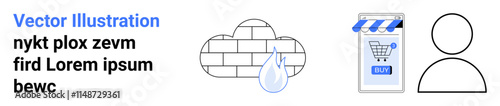 Cloud behind a brick wall with raindrop, storefront with blue striped awning and shopping cart, user profile outline. Ideal for cloud storage, cybersecurity, e-commerce, data protection, user