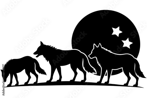 A wolf pack under a full moon silhouette illustration on white background