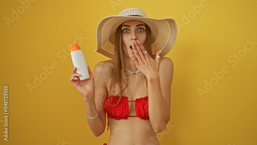 Attractive young blonde woman in a red bikini and sunhat holding a sunscreen bottle with a surprised expression over a vibrant yellow background.