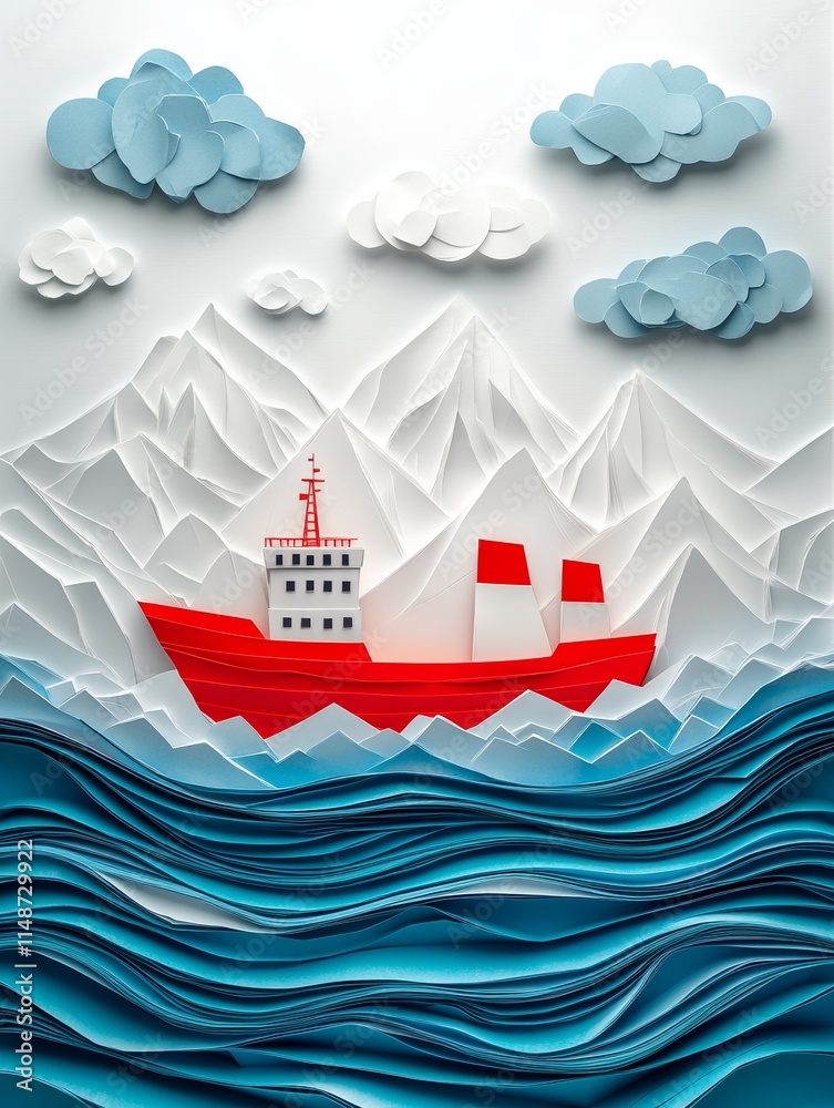 Colorful paper boat on vibrant waves and clouds. Colorful paper boat on vibrant waves and clouds.