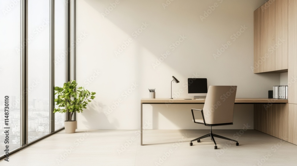 Modern minimalist home office with clean, stylish design. Featuring neutral tones and sleek desk furniture Modern minimalist home office with clean, stylish design. Featuring neutral tones and sleek desk furniture