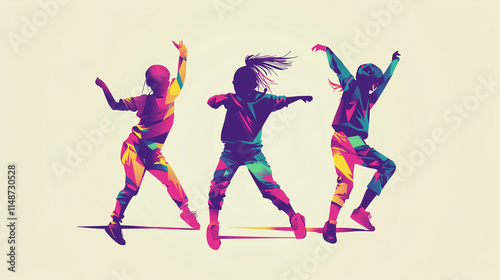 Three children dancing in vibrant geometric patterns