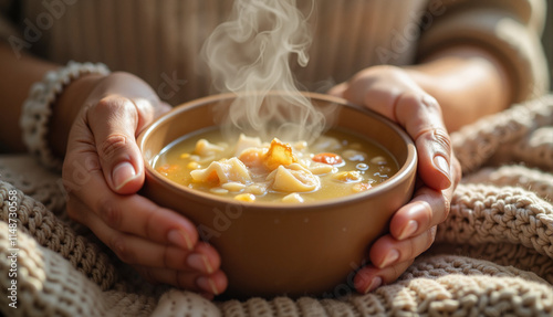 Warm soup bowl held in hands with  cozy knit blanket in a comforting setting