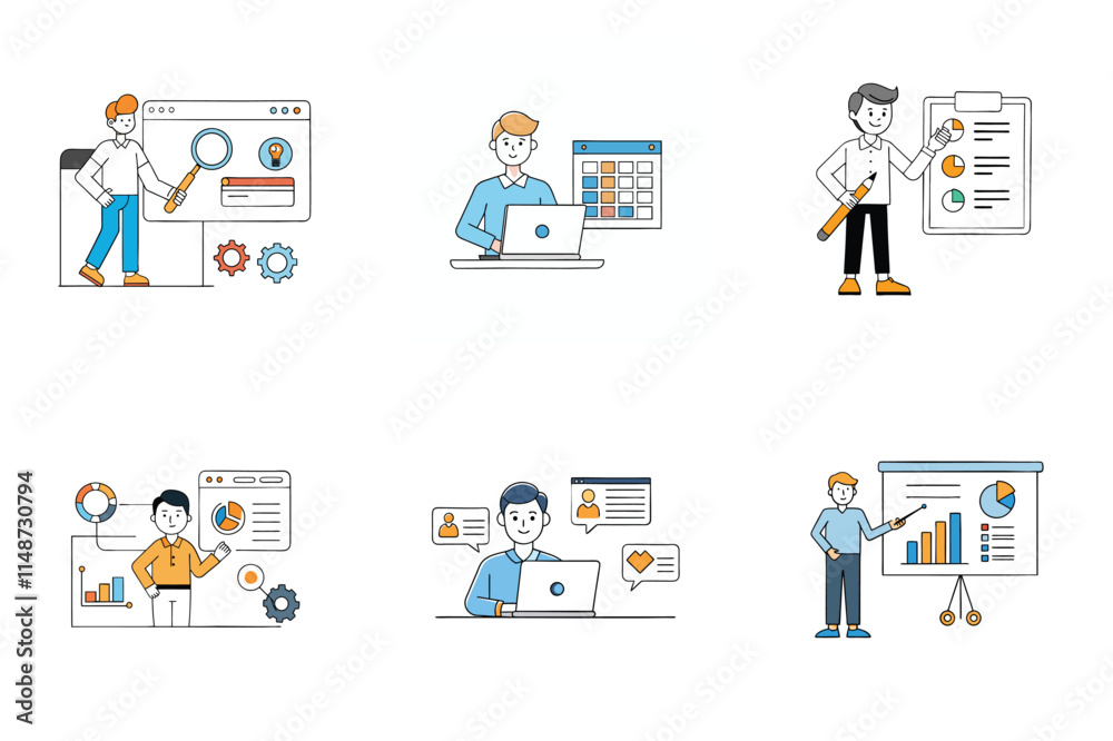 Set of digital marketing agency services vector illustrations. Set of digital marketing agency services vector illustrations.