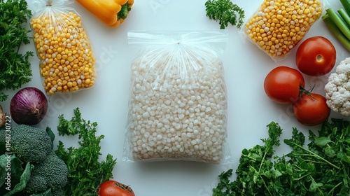 Frozen vegetables in plastic bags and fresh vegetables. photo