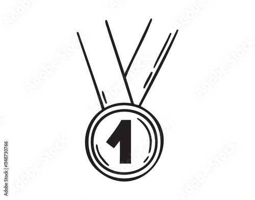 First place medal winner award doodle hand drawn icon. Outline drawing 1 place medal line clipart symbol