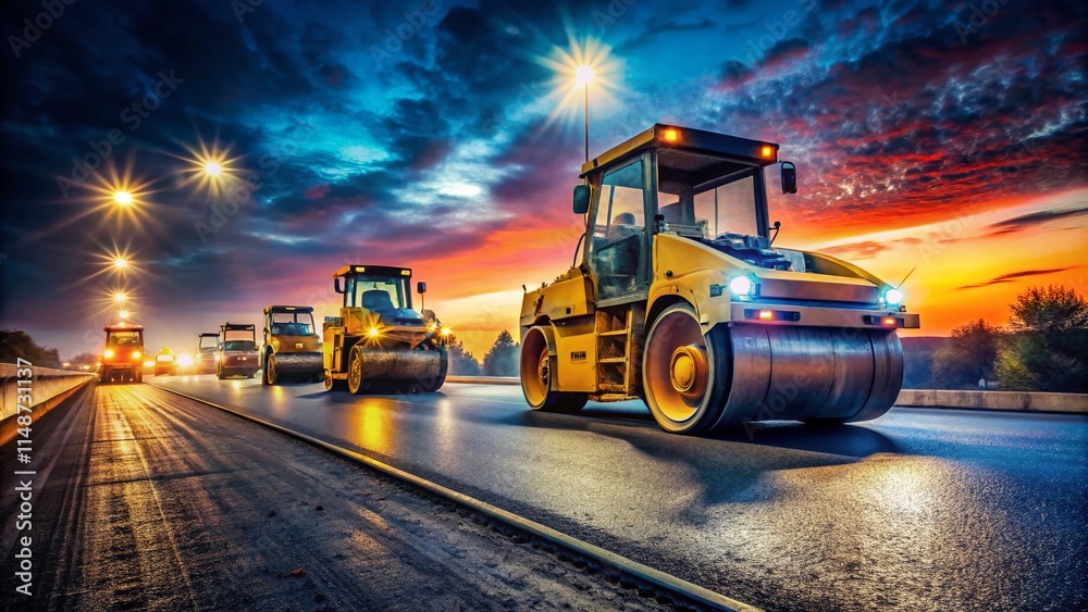 Asphalt Roller Compacting Hot Asphalt During Road Repair - Long Exposure Stock Photo Asphalt Roller Compacting Hot Asphalt During Road Repair - Long Exposure Stock Photo