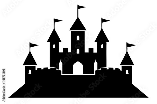 A castle with flags silhouette illustration on white background