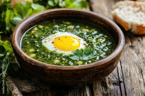 Brown bowl of sorrel soup with egg on a wooden table photo