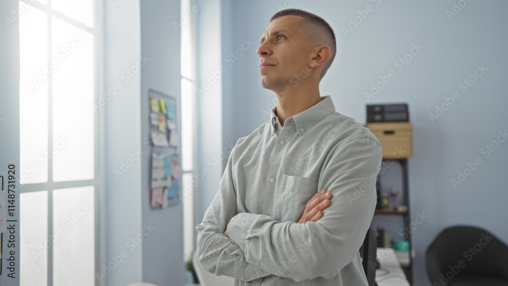 Young man in an office stands confidently with arms crossed, looking inspired and contemplative in a well-lit indoor setting Young man in an office stands confidently with arms crossed, looking inspired and contemplative in a well-lit indoor setting