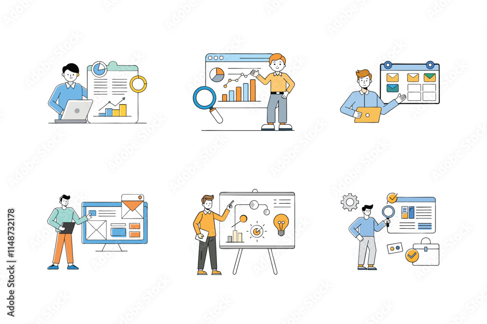 Set of digital marketing agency services vector illustrations. Set of digital marketing agency services vector illustrations.